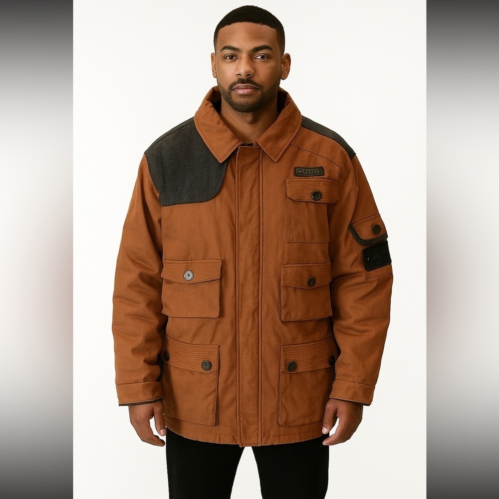COOGI Brown Grey Black Tweed Flight Bomber Tactical Military Cargo Jacket 2XL